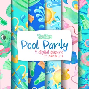 Pool Party Digital Papers, Vacation Graphics, Swimming Patterns, Watercolor Pool Pattern, Summer Digital Paper, Scrapbook Elements