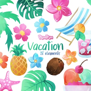 Cliparte de vacaciones, Cliparte de acuarela, Acuarela tropical, Clipart de verano, Libro de recortes tropical, Cliparte de playa, Cliparte de palmera