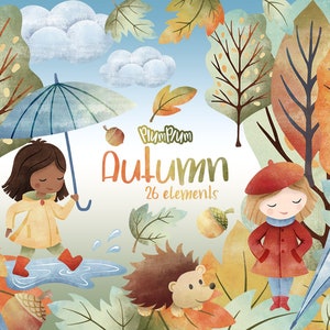 Herbst Aquarell Cliparts, Herbst Clipart Set, Handgezeichnete Clipart, Süße Puppen Clipart, Süßes Aquarell, Herbst Illustration, Herbst Elemente