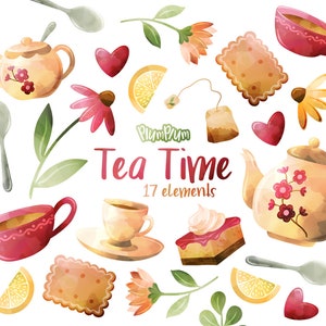 Tea Time Clipart, Tea Party Clipart, Tea Party Graphics, Cute Watercolor, Scrapbooking Kit, Digital Scrapbooking, Teacup Png