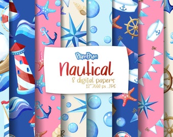 Nautical Digital Papers, Nautical Patterns, Summer Digital, Nautical Background, Seamless Patterns, Sailing Pattern, Kids Pattern
