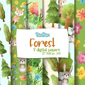 Papeles digitales forestales, Patrón forestal, Papeles digitales de primavera, Patrón de árbol, Patrón de animales lindos, Papeles de scrapbooking, Patrón sin costuras