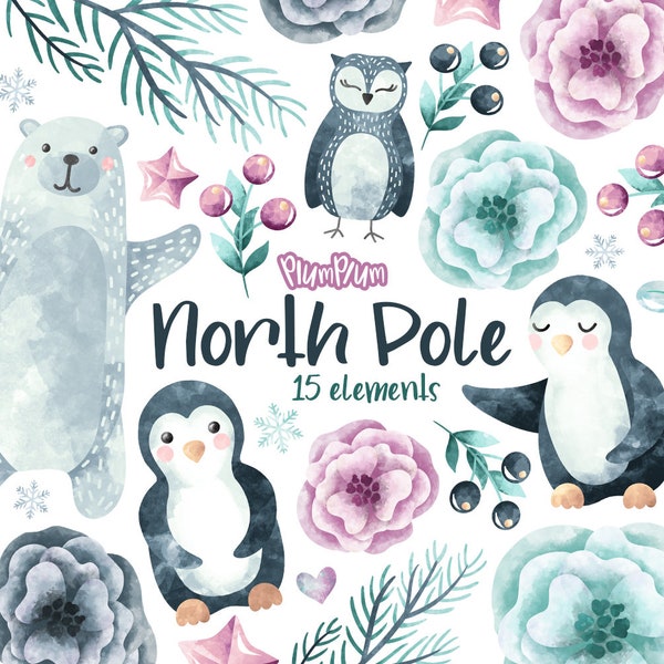Winter Animals Clipart, Watercolor Cliparts, Cute Animals, Winter Clipart, Christmas Clipart, Polar Bear, Penguins Clipart
