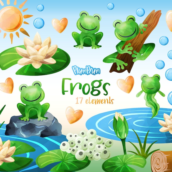 Frog Clipart, Amphibian Clipart, Watercolor Summer Clipart, Frog Pond, Scrapbook Elements, Water Lily Clipart, Pond Graphics