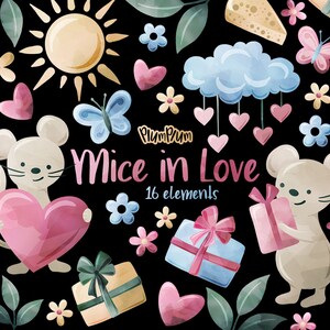 Imágenes prediseñadas de San Valentín, Ratones de acuarela, Imágenes prediseñadas de amor, Gráficos del Día de San Valentín, San Valentín Png, Corazón Png, Regalo Png, Gráficos de amor