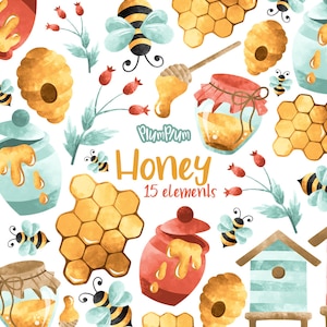 Honing Aquarel Cliparts, Bijen Clipart, Honing Illustratie, Honing Tekening, Bijenkorf Clipart, Honing Pot Clipart, Handgetekende Clipart