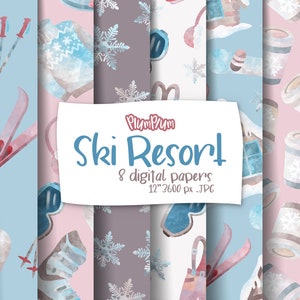 Skiing Digital Papers, Winter Digital, Winter Patterns, Skiing Patterns, Winter Seamless, Skiing Background, Winter Background