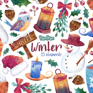 Christmas Watercolor Cliparts, Winter Clipart, Snowman Clipart, Winter Elements, Christmas Elements, Hand Drawn Cliparts