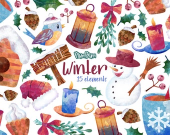 Cliparts d’aquarelle de Noël, Clipart d’hiver, Clipart de bonhomme de neige, Éléments d’hiver, Éléments de Noël, Cliparts dessinés à la main