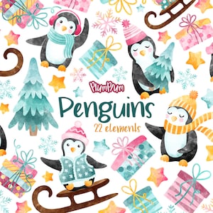 Cute Penguins Cliparts, Cute Clipart, Animals Clipart, Winter Clipart, Watercolor Winter, Cute Christmas, Hand Drawn Clipart