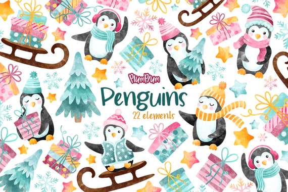 Cute Penguins Cliparts, Cute Clipart, Animals Clipart, Winter Clipart, Watercolor Winter, Cute Christmas, Hand Drawn Clipart