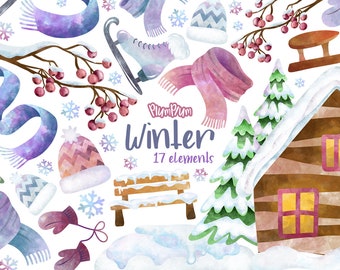 Winter Watercolor Cliparts, Chirstmas Clipart, Winter Wonderland, Winter Elements, Christmas Elements, Xmas Watercolor