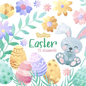 Easter Watercolor Clipart, Easter Elements, Easter Eggs, Cute Bunny, Easter Bunny, Easter Illustration, Spring Elements