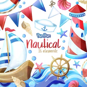 Maritime Aquarell Cliparts, Sommer Clipart, Urlaub Clipart, Segelboot Clipart, Maritime Elemente, Leuchtturm Clipart, Segeln Clipart