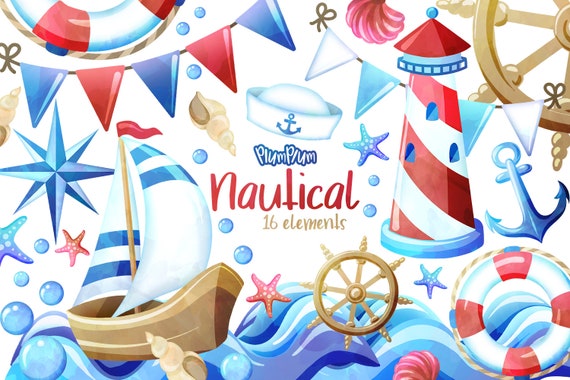 Nautical Watercolor Cliparts, Summer Clipart, Vacation Clipart, Sailboat Clipart, Nautical Elements, Lighthouse Clipart, Sailing Clipart