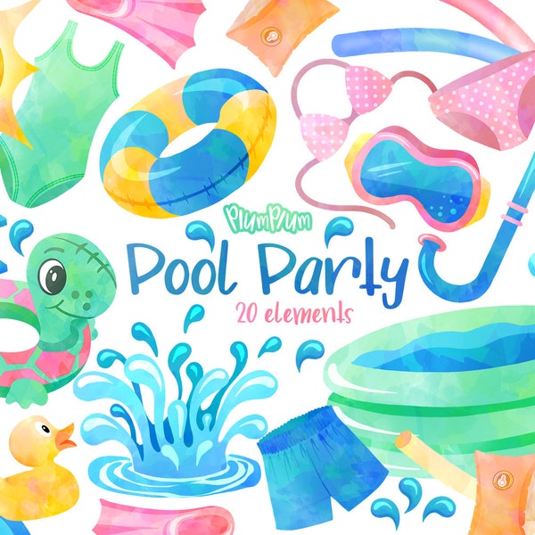 Pool Party Clipart, Vacation Clipart, Watercolor Summer Clipart, Summer Party, Scrapbook Elements, Swimming Clipart, Pool Party Items