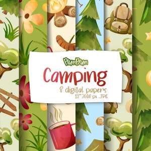 Puede incluir: Ocho papeles digitales con temática de camping. Los papeles presentan una variedad de ilustraciones relacionadas con el camping, como una linterna, una mochila, una fogata, una tienda de campaña, una taza de chocolate caliente, un pino y un saco de dormir. Los papeles tienen todos 12 pulgadas por 3600 píxeles y están en formato JPG.