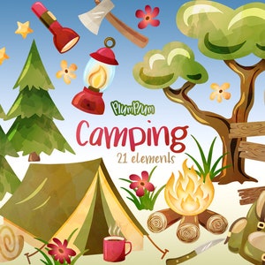 Camping Watercolor Cliparts, Summer Clipart, Vacation Clipart, Camping Graphics, Hiking Clipart, Campfire Clipart, Camping Png