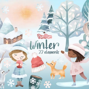 Cliparts de acuarela de invierno, Clipart Set, Ilustración de invierno, Elementos de invierno, Winter Girl, Muñeca de invierno, Clipart de patinaje sobre hielo