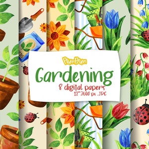 Gardening Digital Paper, Spring Digital Paper, Gardening Illustration, Spring Pattern, Hello Spring, Spring Elements, Scrapbook Paper