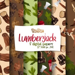 Puede incluir: Ocho patrones de papel digital con temática de leñador. Los patrones incluyen imágenes de troncos, ramas de pino, hachas, linternas, mochilas, ciervos, conejos y sombreros. Los patrones son de 12 pulgadas por 3600 píxeles y están en formato JPG.