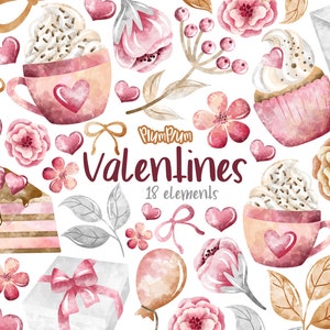 Valentines Watercolor Clipart, Valentines Day, Valentines Elements, Valentines Clip Art, Hand Drawn Clipart, Love Clipart, Cute Cupcake