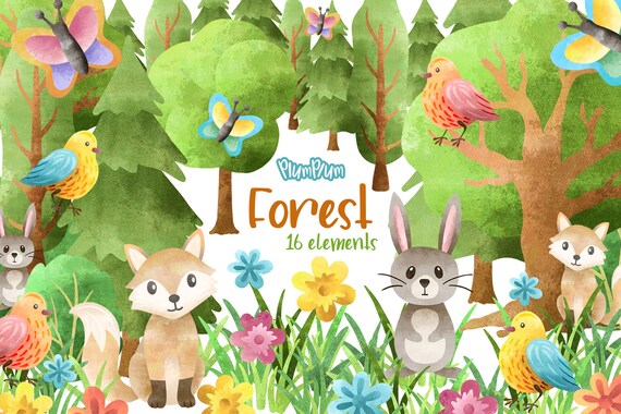 Forest Watercolor Clipart, Spring Clipart, Forest Elements, Spring Graphics, Woodland Animals, Forest Illustrations, Tree Clipart