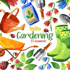 Clipart de acuarela de jardinería, clipart de primavera, ilustración de jardinería, primavera png, hola primavera, elementos de primavera, clipart de semillas