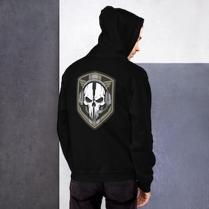 Sudadera unisex con capucha y emblema de calavera de Ghost Operator, diseño táctico militar y moral.