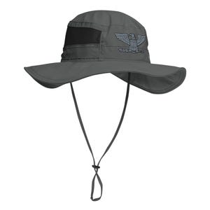 May include: A gray sun hat with a wide brim and a black mesh vent. The hat features a light blue embroidered eagle emblem on the side and a chin strap with an adjustable toggle. This hat is designed for outdoor activities.
