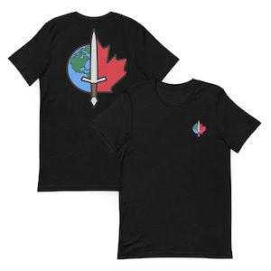 May include: A black short-sleeve t-shirt featuring a graphic design on the back and a smaller version on the front left chest. The design shows a sword centered over a split circle, with a blue and green globe on one side and a red maple leaf on the other.