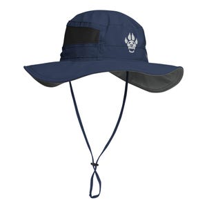 May include: A navy blue sun hat with a wide brim and a black mesh panel. The hat has a white paw print logo with a skull inside.