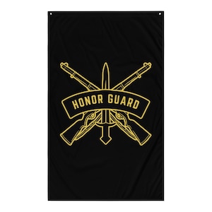 May include: Black flag with a gold outline of two crossed rifles, a sword, and the text "HONOR GUARD".