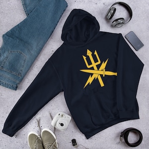 May include: A navy blue hooded sweatshirt with a yellow trident, knife, and lightning bolts graphic.