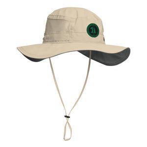 May include: A beige sun hat with a green and black logo on the front. The hat has a wide brim and a chin strap.
