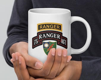 Army 75th Ranger Regiment Scroll and Tab White glossy mug