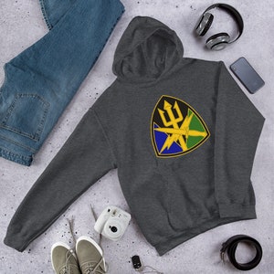 May include: A dark gray hooded sweatshirt with a yellow, blue, and green military insignia featuring a trident, lightning bolts, and a dagger. The insignia is on the left chest of the sweatshirt.