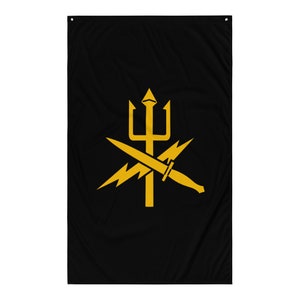 May include: A black flag with a gold trident, lightning bolts, and crossed daggers. The symbol is a common emblem for military special forces.