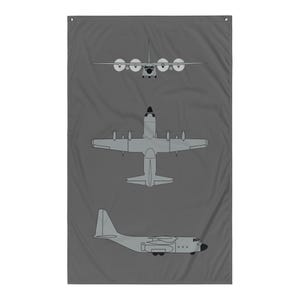 Può includere: Un'illustrazione in grigio e bianco di un aereo C-130 Hercules in tre diverse viste. L'aereo è mostrato dall'alto, di lato e di fronte.