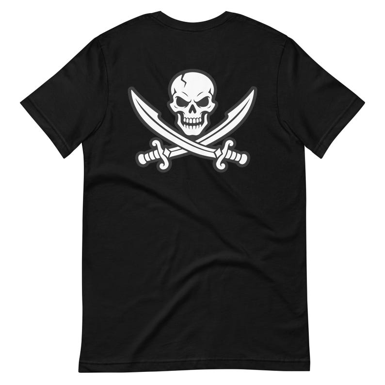 Jolly Roger Pirate Emblem – Skull and Crossed Swords Design – Historic Pirate Flag Inspired Unisex t-shirt image 6