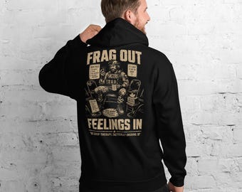 Frag Out Feelings In Design | Tactical Group Therapy Humor | Veteran Mental Health Satire Artwork Unisex Hoodie