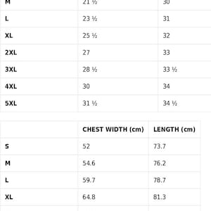 May include: Size guide for clothing with chest width and length measurements in inches and centimeters.  Sizes include S, M, L, XL, 2XL, 3XL, 4XL, and 5XL.