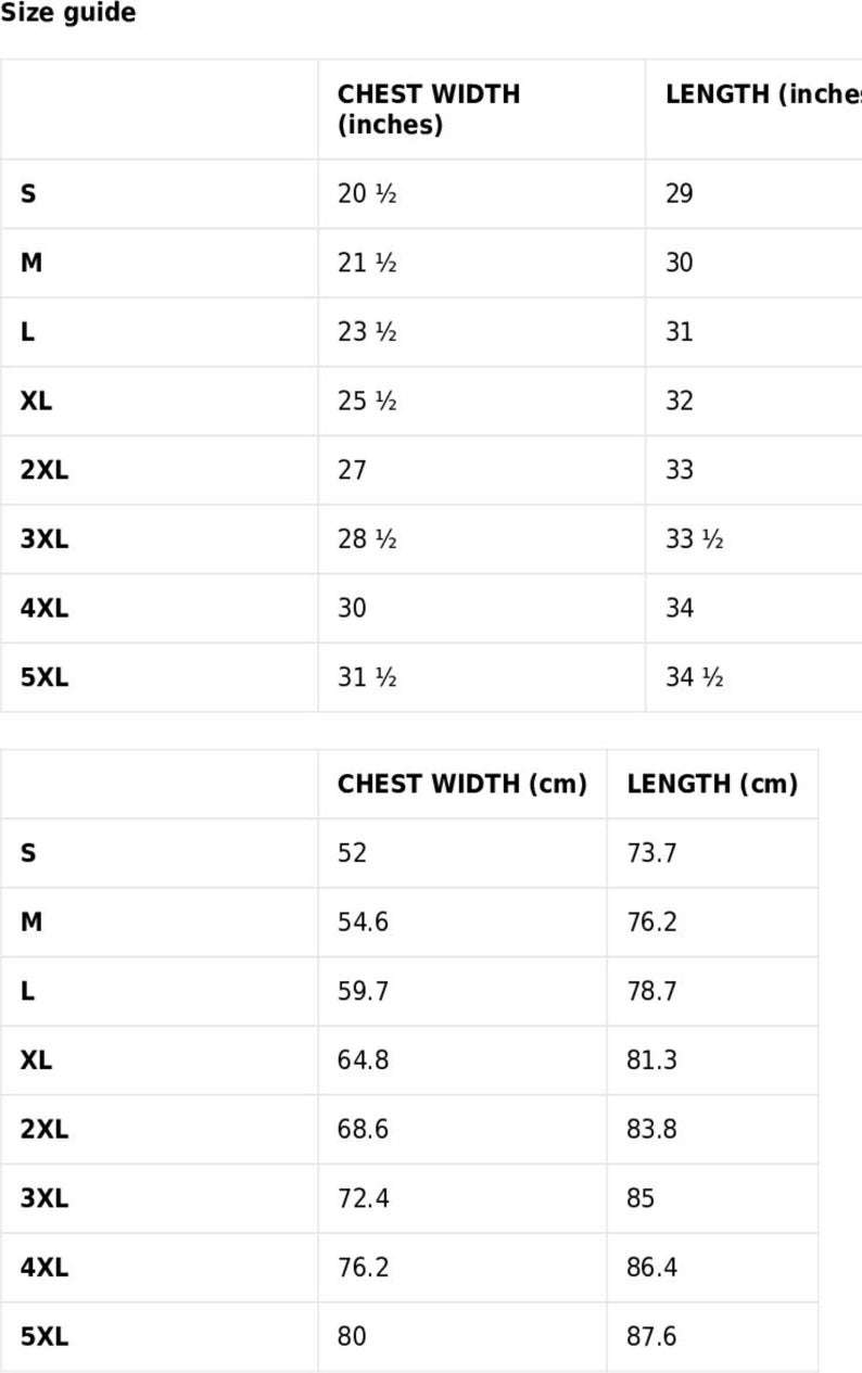 May include: Size guide for clothing with chest width and length measurements in inches and centimeters.  Sizes include S, M, L, XL, 2XL, 3XL, 4XL, and 5XL.