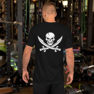 Jolly Roger Pirate Emblem – Skull and Crossed Swords Design – Historic Pirate Flag Inspired Unisex t-shirt image 2