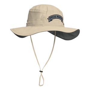 May include: A beige sun hat with a wide brim and a dark gray underside. The hat features a mesh panel on the side and a chin strap. The text "SPECIAL WARFARE" is embroidered on a banner on the front of the hat.