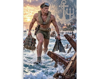 WWII UDT Frogman Wall Art | U.S. Navy Underwater Demolition Team | Pacific Beach Assault | Echo Valor Poster