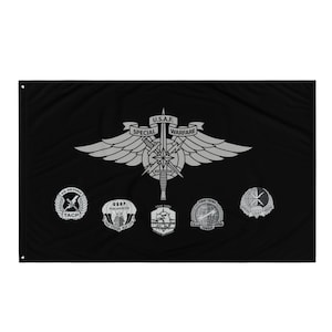 May include: Black flag featuring the U.S.A.F. Special Warfare emblem in silver. The emblem includes a sword, wings, and the text "U.S.A.F. SPECIAL WARFARE." Below the emblem are five smaller insignias.