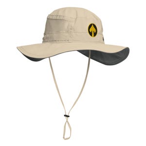 May include: A beige sun hat with a wide brim and a black chin strap. The hat has a yellow and black logo on the front.