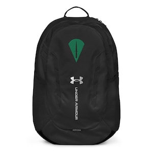 May include: Black backpack with a green and white emblem and the Under Armour logo. The backpack has a top handle, side mesh pockets, and the word "STORM" printed at the bottom.