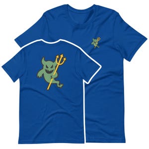 May include: Two blue t-shirts. One has a green cartoon devil with a yellow trident on the back. The other has a smaller version of the same devil on the front. The devil has horns and a toothy grin.